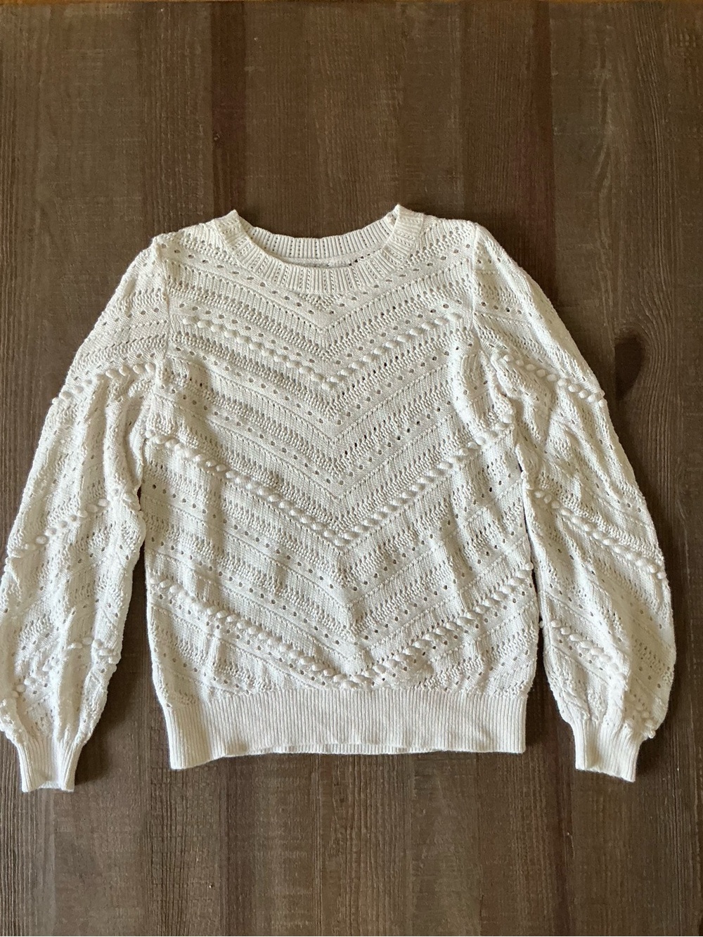 LOFT Cream Open-Knit Chevron Crewneck Sweater